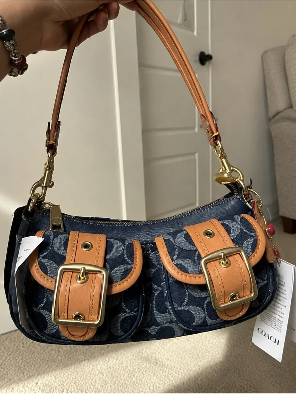 Coach Navy Signature Denim Shoulder Bag with Tan Leather Trim and Gold Hardware